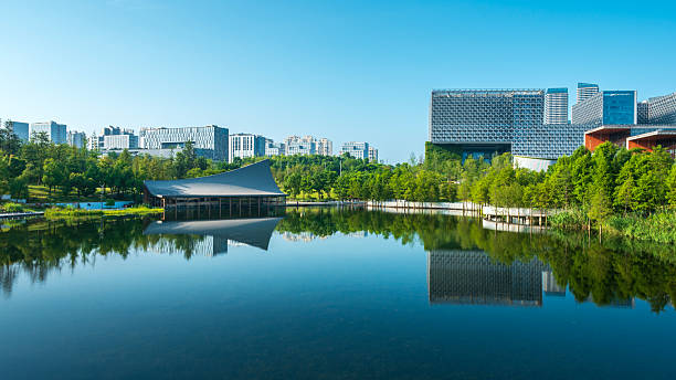 Sichuan Chengdu Tianfu New Area is a livable park city where parks, lakes, and urban buildings are seamlessly integrated.The building ahead is an underwater bookstore by the lake