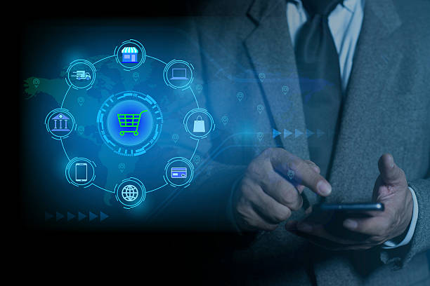 istock Business man using smartphone with Online shopping digital technology. e-commerce online store marketing for advertising design. sale, retail, cart and business service technology 2226566404