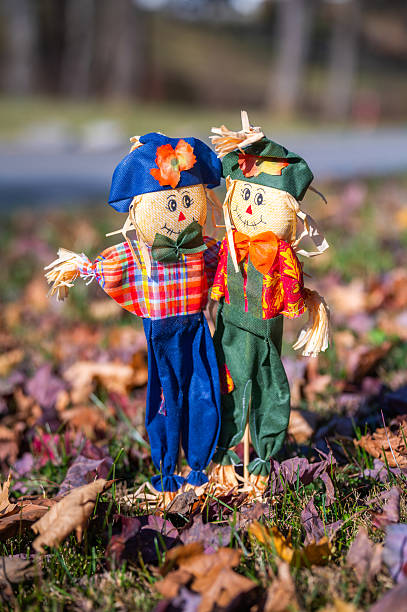 istock Two Scarecrows Hugging Lawn Decor Standing in Colorful Fall Leaves 2226568422