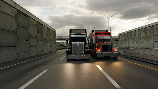 istock American style truck on freeway pulling load. Transportation theme. 3D illustration 2226576131