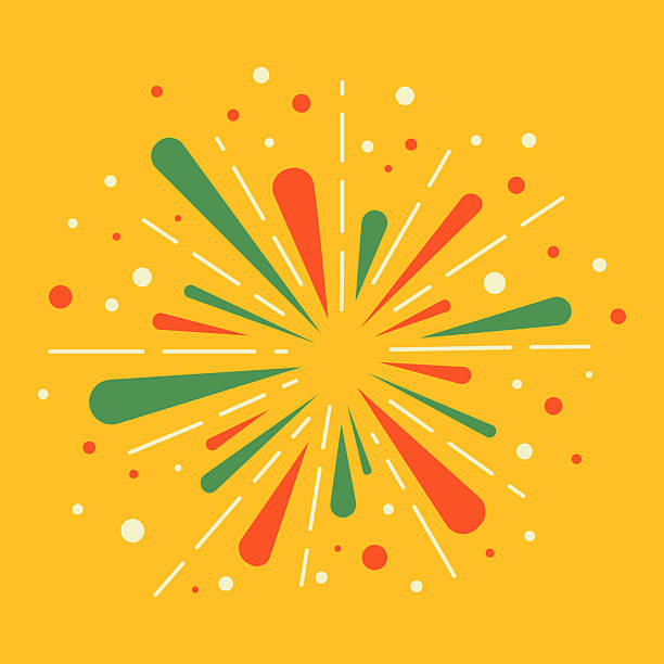 Colorful abstract firework starburst in retro vintage style with green, red, and cream lines and dots on a vibrant yellow background.