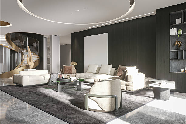 istock Open-Concept Interior-Dining, Kitchen, and Living Area with Curved Sofa 2226589952