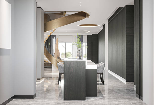 istock Sleek Kitchen Island-Dark Cabinetry, Marble Counter, and Dining Area 2226589959