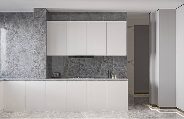 istock Stylish Modern Kitchen-White Cabinets, Dark Marble Backsplash, and Toaster 2226589978