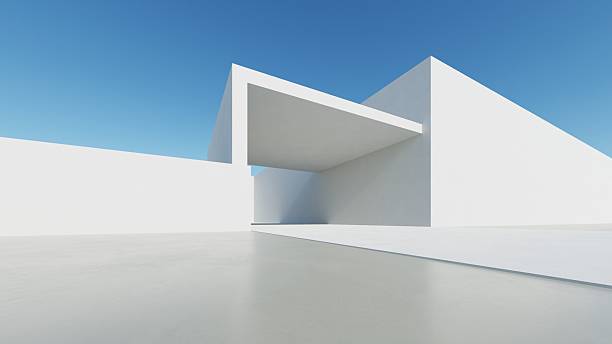 istock 3d illustration of abstract modern architecture background, Minimal geometry architectural design, Car presentation backdrop with empty concrete floor, Geometric white blocks building design 2226592622