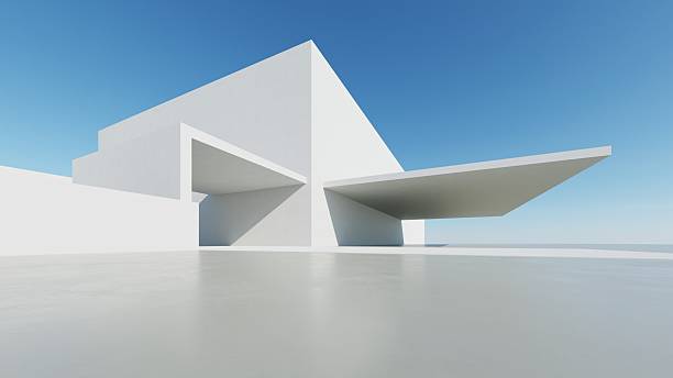 istock 3d illustration of abstract modern architecture background, Minimal geometry architectural design, Car presentation backdrop with empty concrete floor, Geometric white blocks building design 2226592627