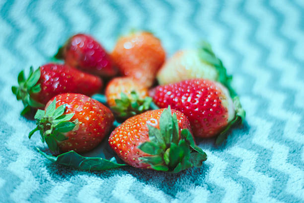Juicy strawberries arranged on a textured teal fabric background, creating a vibrant and appetizing composition.