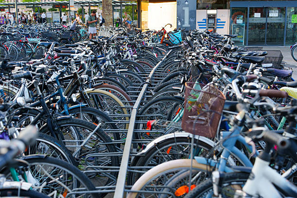 Heidelberg, Germany - June 21, 2025: Crowded bicycle parking area filled with various bikes, shot from a wide angle in natural daylight.