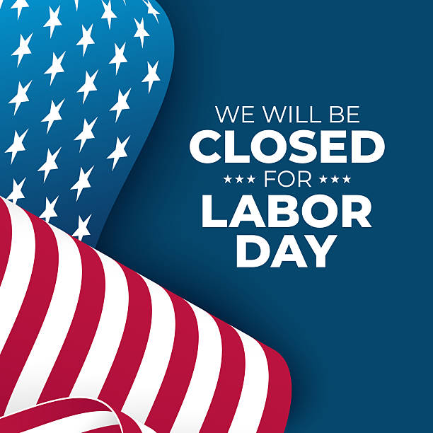 We Will Be Closed for Labor Day. United States Labor Day commercial sign. Waving American flag. Blue background. We Will Be Closed for Labor Day. United States Labor Day commercial sign. Waving American flag. Blue background. Vector illustration. closed for labor day stock illustrations