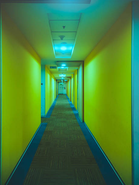 Long corridor interior in India, featuring vibrant yellow walls, blue baseboards, and patterned carpeting.  Clean lines and symmetrical composition.