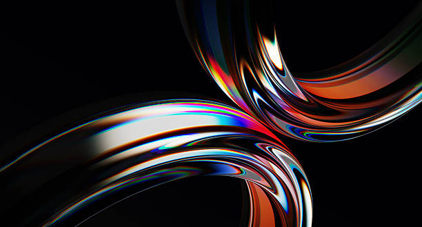 3d iridescent liquid glass ribbon wave line with neon rainbow light texture on abstract black background. Holographic gradient water flow with speed motion effect. Digital tech banner