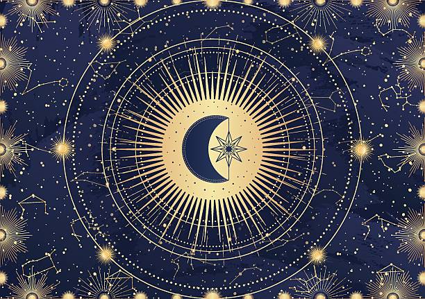 istock Card of mystical Sun, Moon, crescent, star, sunburst, night sky. Constellation galaxy celestial space. Spiritual zodiac horoscope, astrology sign, astronomy symbol. Magic vector illustration on blue 2226608600