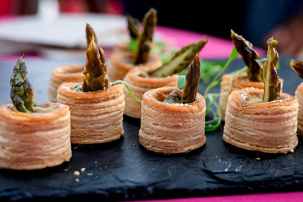 Gourmet Puff Pastry with Asparagus on Slate Serving Tray. Delicious food.