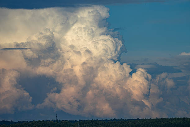 Massive cumulonimbus cloud dominates the horizon, its white and gray swirls creating a dramatic and awe-inspiring atmospheric display above a distant treeline