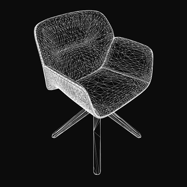 istock A wireframe chair rendered in 3D with realistic details stands out against a black background. The clean white lines create a striking contrast, highlighting the chair's modern design. 2226611897