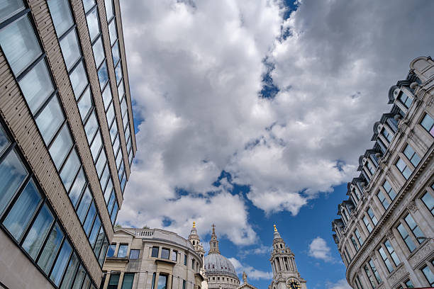 London, UK - May 25, 2025 : View of various buildings and offices next to the Saint Paul’s Cathedral in London UK in black and white