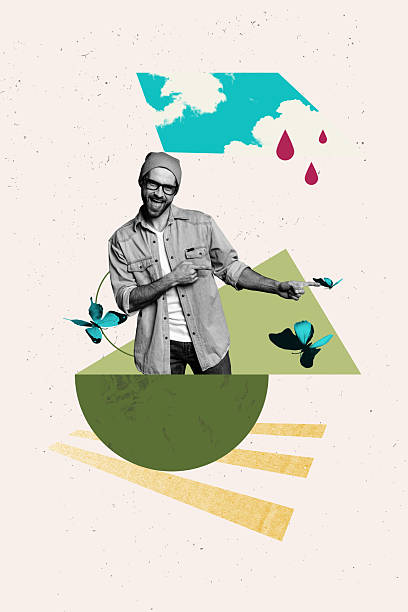 istock Creative mockup collage of cool man demonstrate white background with geometric figures drops insect 2226620788