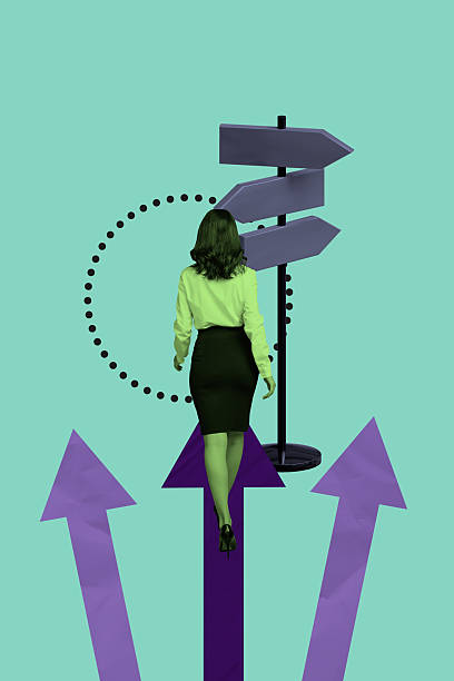 istock Vertical 3d artwork collage of businesswoman walk back arrow development pointer road sign success career promotion goal 2226621054