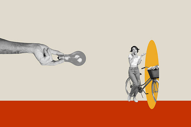 istock Creative full artwork collage of hand hold light bulb idea finding stand bicycle speak phone telemarketing blackout energy 2226621736