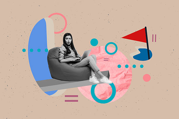 istock Poster graphics collage of people sit chair use technology direct flags on brown color background 2226622014