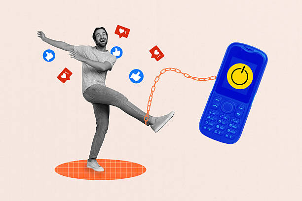 istock Template sketch image composite artwork collage of young man dance metal chain connect cellphone app click network subscribe heart like 2226623132