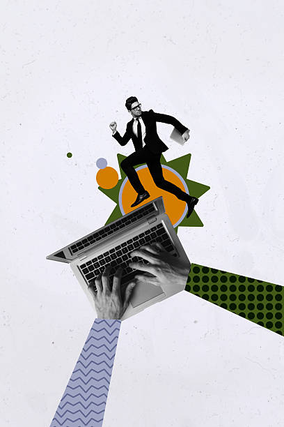 istock Trend artwork composite 3D photo collage design of two hand type laptop virtual internet netbook young businessman walk programmer user 2226623230