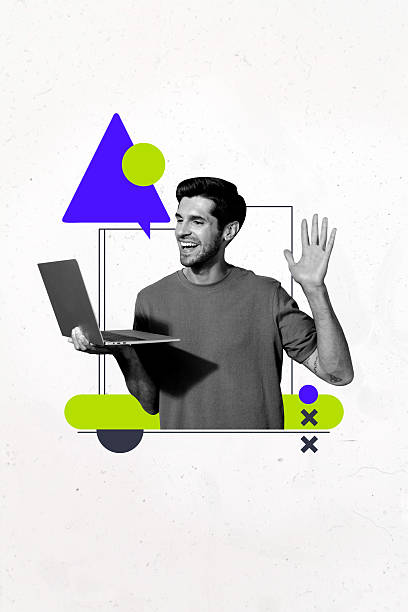 istock Creative artwork template sketch image 3D collage of young man smile hand gesture hello video call laptop message communication chat blog 2226623419