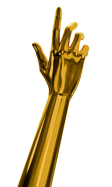 istock Reflection android hand tap or pointing gesture. Isolated golden AI or automated concept. 3d rendering 2226625617