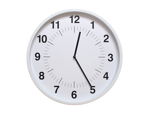 Simple white analog wall clock showing exactly 00:25 or 12:25. suitable for concepts like deadline, start or end of time. Isolated on a clean white background.