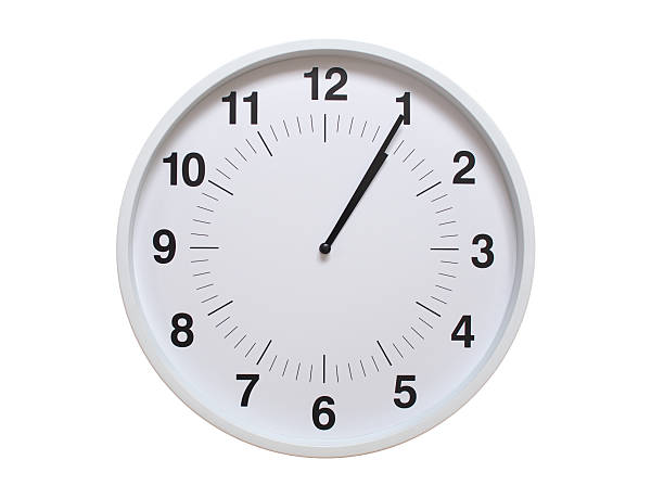 Simple white analog wall clock showing exactly 01:05 or 13:05. suitable for concepts like deadline, start or end of time. Isolated on a clean white background.
