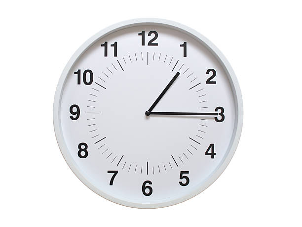Simple white analog wall clock showing exactly 01:15 or 13:15. suitable for concepts like deadline, start or end of time. Isolated on a clean white background.