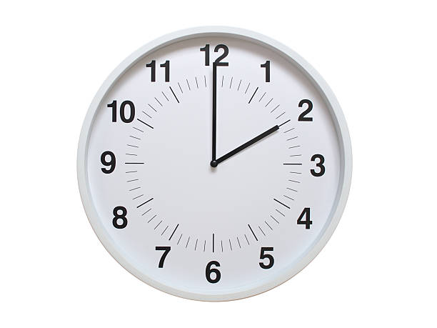 Simple white analog wall clock showing exactly 02:00 or 14:00. suitable for concepts like deadline, start or end of time. Isolated on a clean white background.