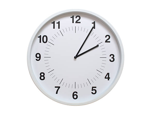 Simple white analog wall clock showing exactly 02:05 or 14:05. suitable for concepts like deadline, start or end of time. Isolated on a clean white background.