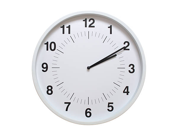 Simple white analog wall clock showing exactly 02:10 or 14:10. suitable for concepts like deadline, start or end of time. Isolated on a clean white background.