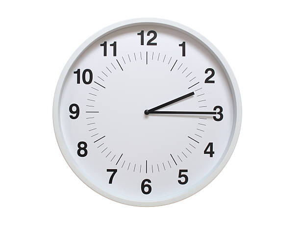Simple white analog wall clock showing exactly 02:15 or 14:15. suitable for concepts like deadline, start or end of time. Isolated on a clean white background.