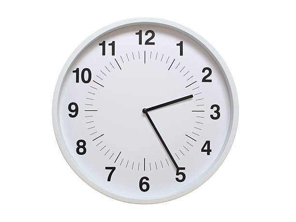 Simple white analog wall clock showing exactly 02:25 or 14:25. suitable for concepts like deadline, start or end of time. Isolated on a clean white background.