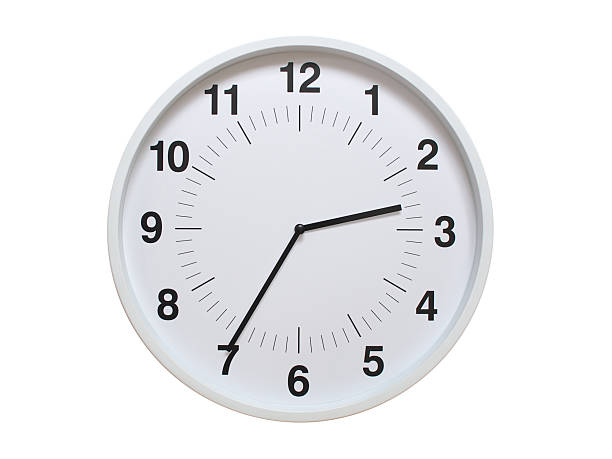 Simple white analog wall clock showing exactly 02:35 or 14:35. suitable for concepts like deadline, start or end of time. Isolated on a clean white background.