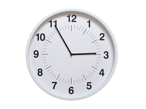 Simple white analog wall clock showing exactly 02:55 or 14:55. suitable for concepts like deadline, start or end of time. Isolated on a clean white background.