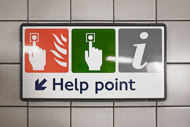 Close up of subway help point sign on tiles, featuring fire alarm, emergency call button and information icon for passenger safety. London, UK, 2 June 2024