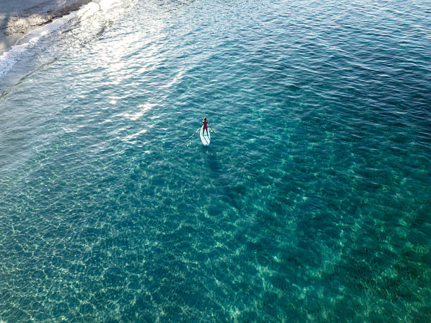 Person paddling on a blue paddleboard above transparent turquoise sea near sandy shore. Aerial view of water sports and outdoor recreation on calm ocean surface. Paddleboarding activity on clear water.