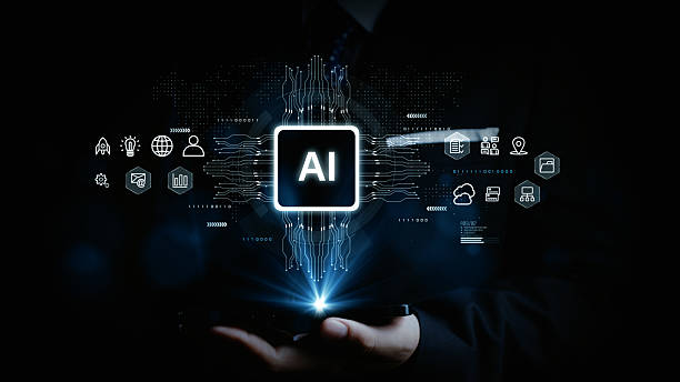 Modern artificial intelligence concept showing glowing AI icon, digital symbols, and circuit lines in a businessman's hands, ideal for technology and innovation themes. 3d rendering