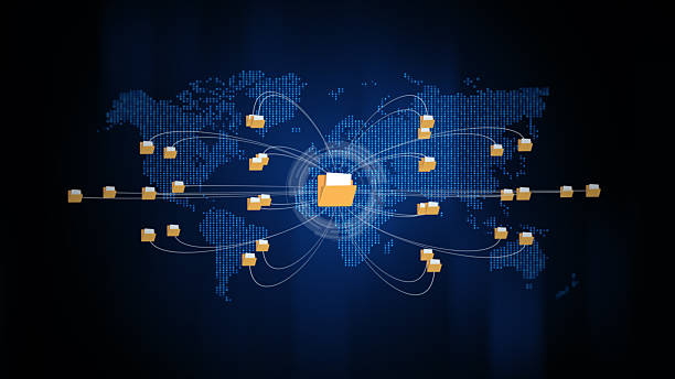 istock Global data file sharing network showing folders connected over a digital world map, and secure communication. Technology big data digital background. 3d rendering 2226632992