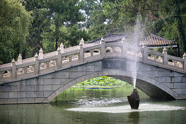 Ancient Bridge with Fountain in a Serene Park