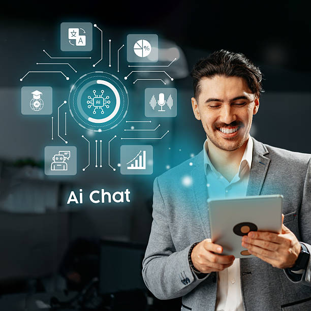 istock Professional man engages with AI chat technology in a modern office environment 2226636556