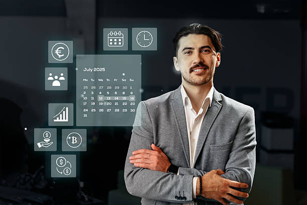istock Professional man standing confidently with digital interface displaying financial and scheduling information in a modern business environment 2226636579