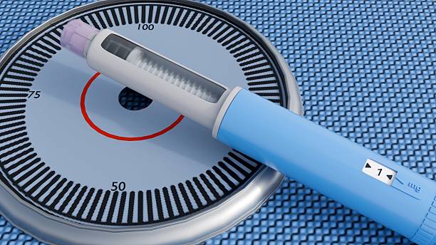 A 3d rendering of light blue medical injector pen and a bathroom scale, the monitoring and management of body weight as part of a weight loss journey.