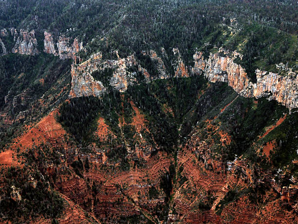 Oza Butte and Manu Temple Beyond Ledge of Kaibab Limestone, Bright Angel Point Trail, North Rim, Grand Canyon National Park, Arizona, USA