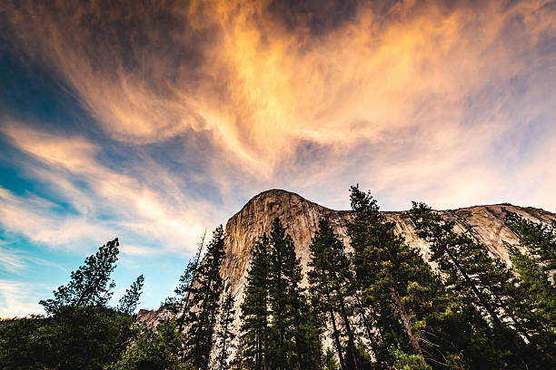 This photo captures a dramatic and breathtaking natural landscape at sunset. The image prominently features El Capitan, the iconic granite monolith in Yosemite National Park, California. Towering pine trees in the foreground create a strong vertical contrast with the sheer rock face behind them.\n\nAbove, the sky is filled with vibrant, swirling clouds that are illuminated by the warm colors of the setting sun—shades of orange, pink, and gold blending beautifully into the cooler blues of the remaining daylight. The contrast between the massive stone formation, the dark silhouettes of the trees, and the vivid sky adds a powerful sense of scale and grandeur to the scene.