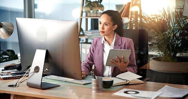 istock Reading, computer and business woman on tablet for online project, proposal and website research. Office, financial consultant and person on digital tech for planning budget, report or finance review 2226650895