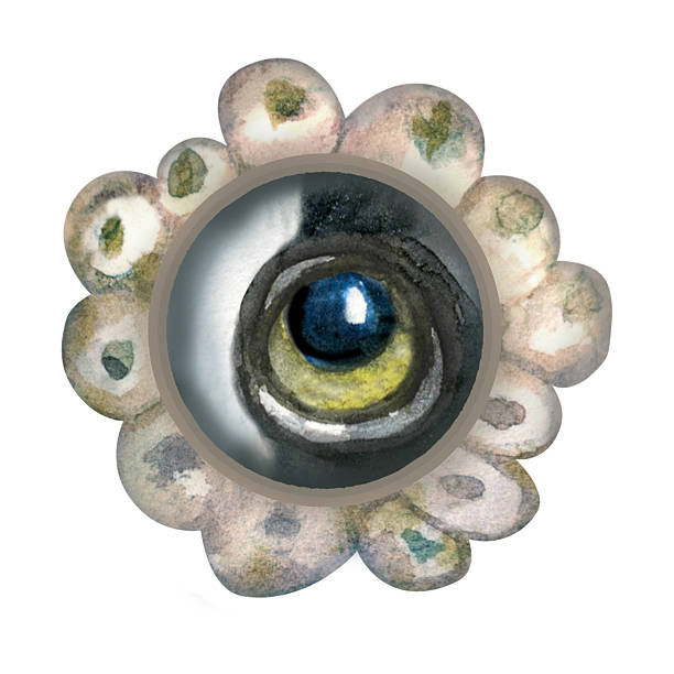 istock Striped fish eye in a shell ring - a magnifying glass or glasses. Watercolor illustration in soft blue, gray and yellow tones, combining realism and fantasy. Perfect for sea designs, children's books 2226652082